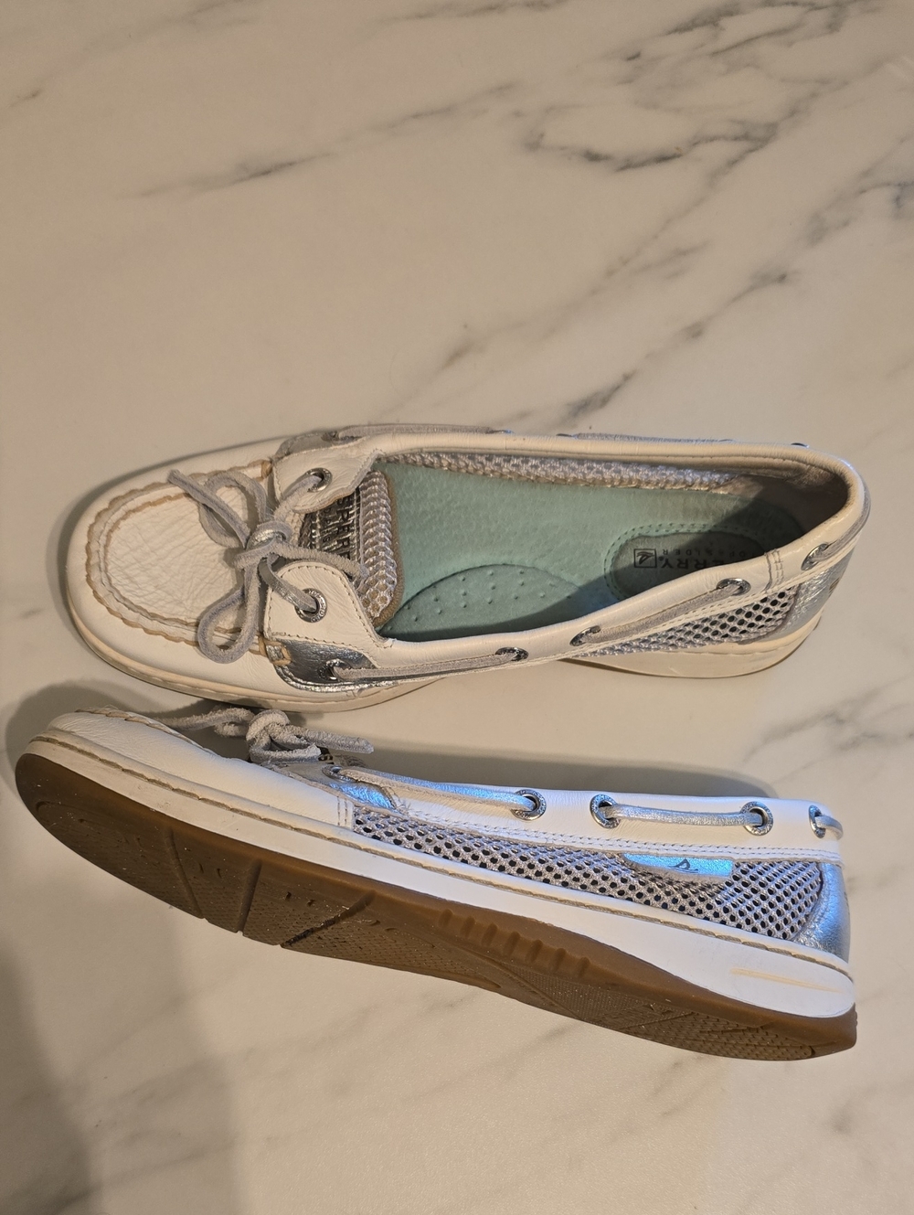 Women’s White and Silver Mesh Moccasin Boat Shoes